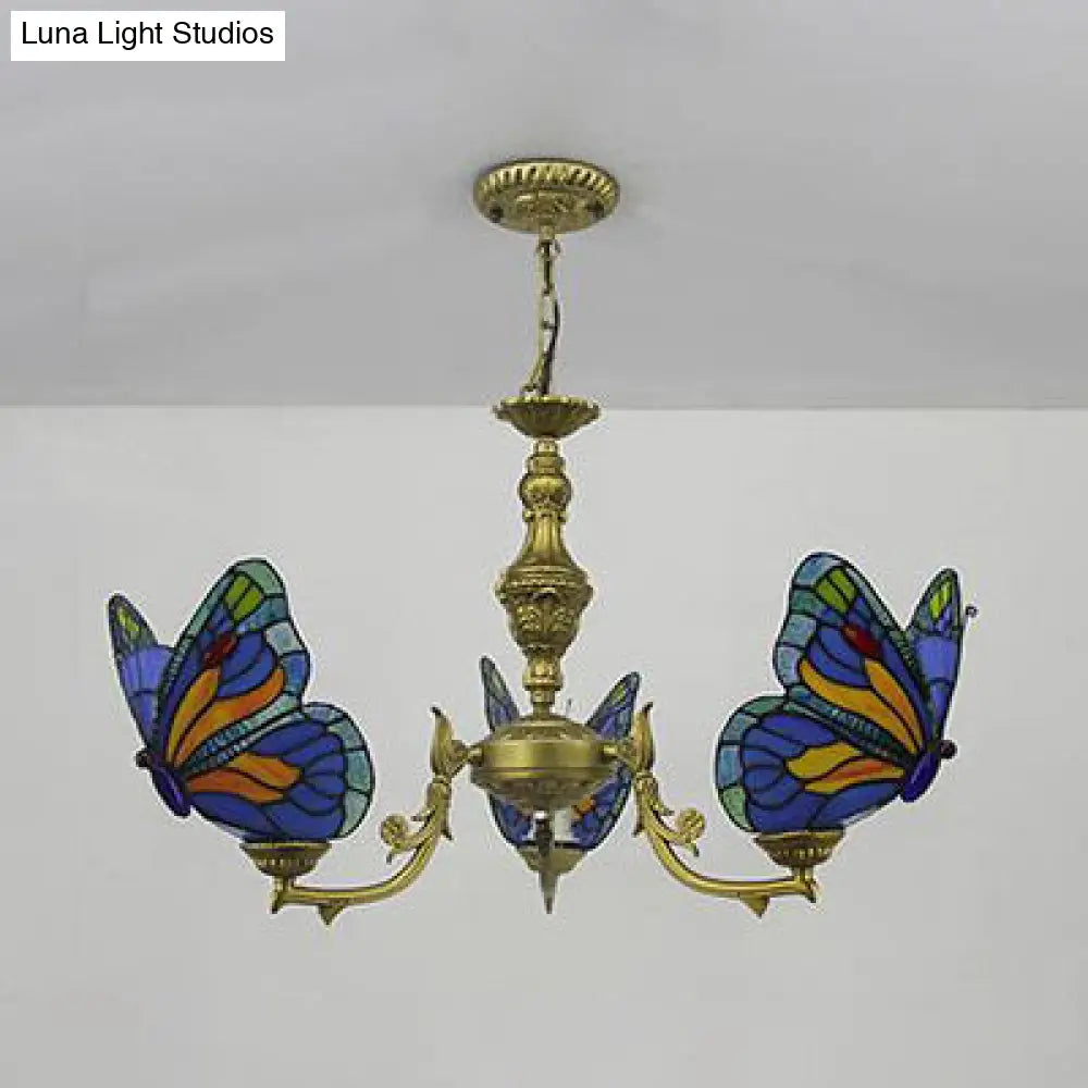 Loft Style Stained Glass Butterfly Chandelier With 3 Lights & Chain - Multicolor Options