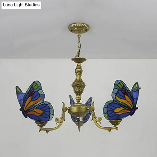 Loft Style Stained Glass Butterfly Chandelier With 3 Lights & Chain - Multicolor Options