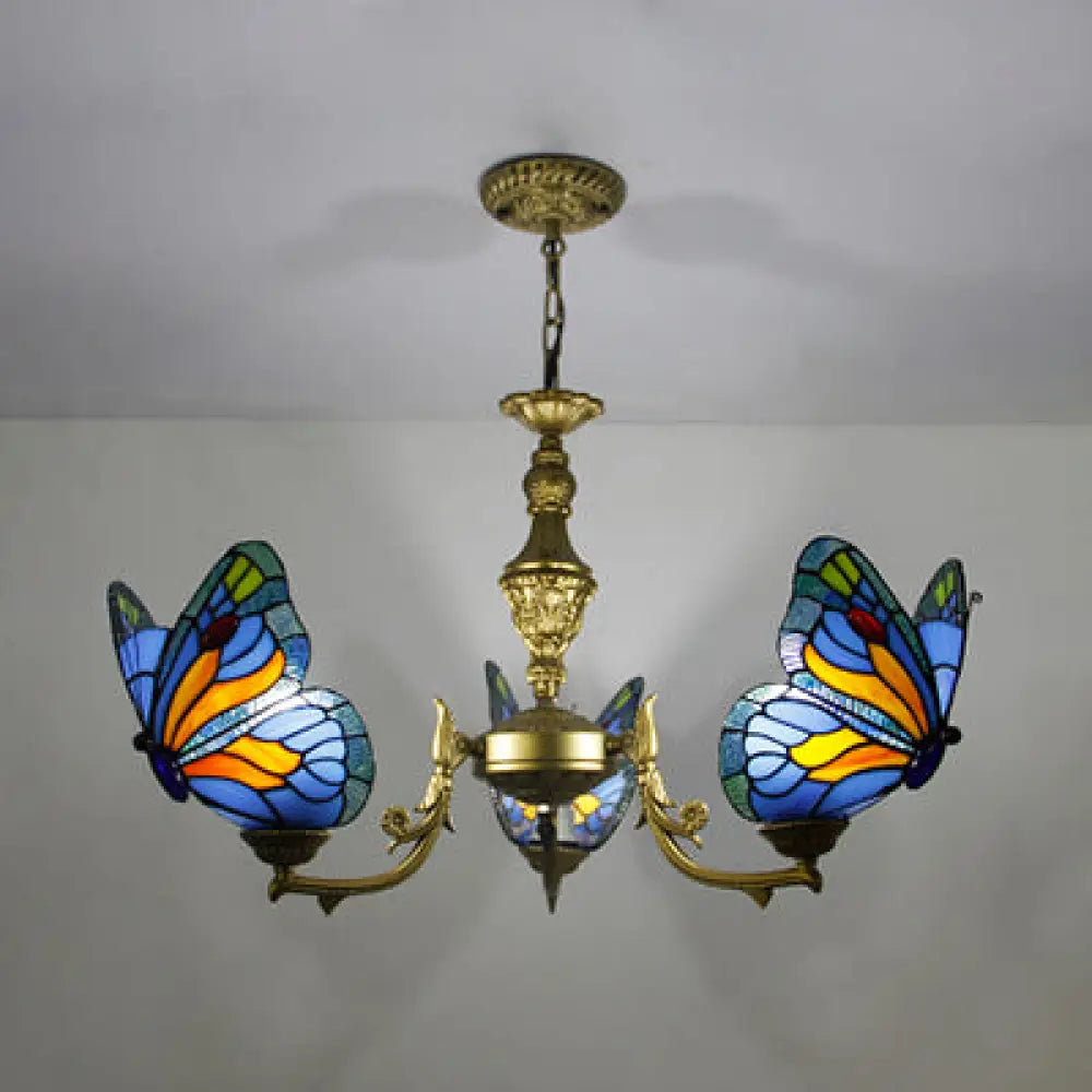 Loft Style Stained Glass Butterfly Chandelier With 3 Lights & Chain - Multicolor Options Blue