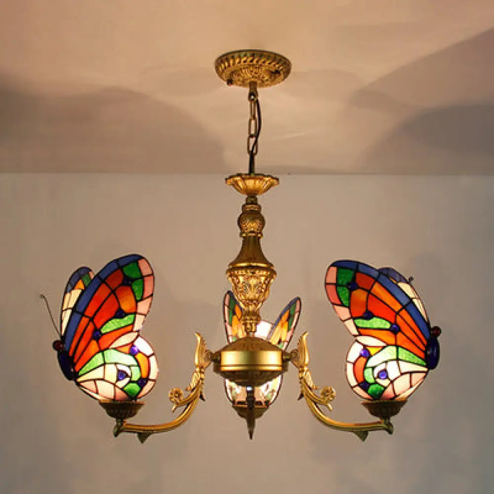 Loft Style Stained Glass Butterfly Chandelier With 3 Lights & Chain - Multicolor Options