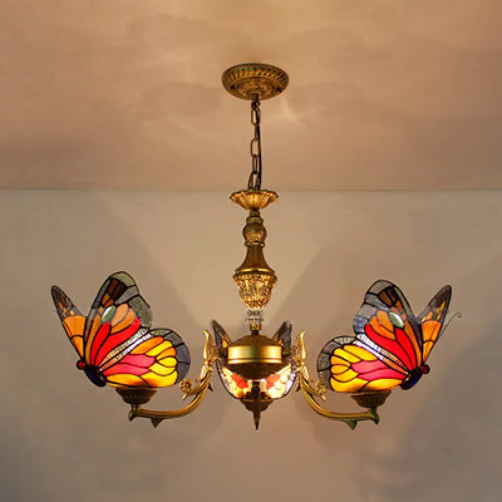 Loft Style Stained Glass Butterfly Chandelier With 3 Lights & Chain - Multicolor Options Red