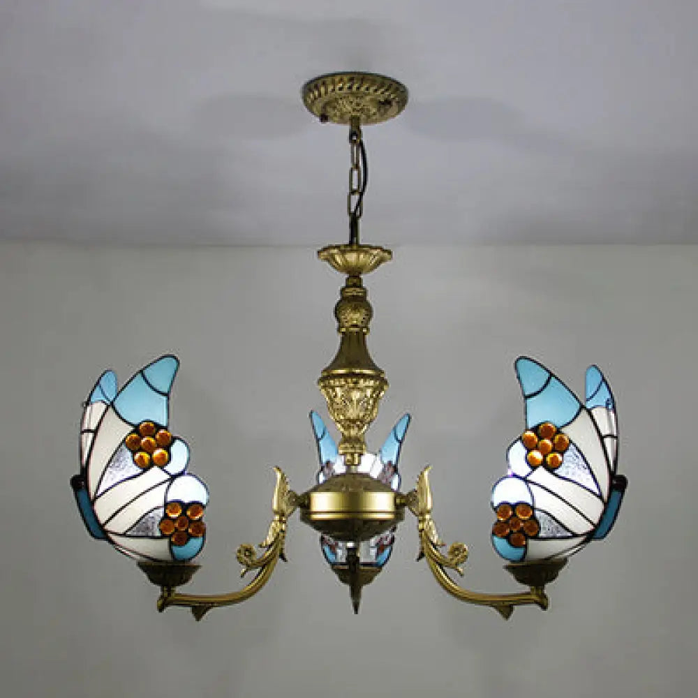 Loft Style Stained Glass Butterfly Chandelier With 3 Lights & Chain - Multicolor Options White