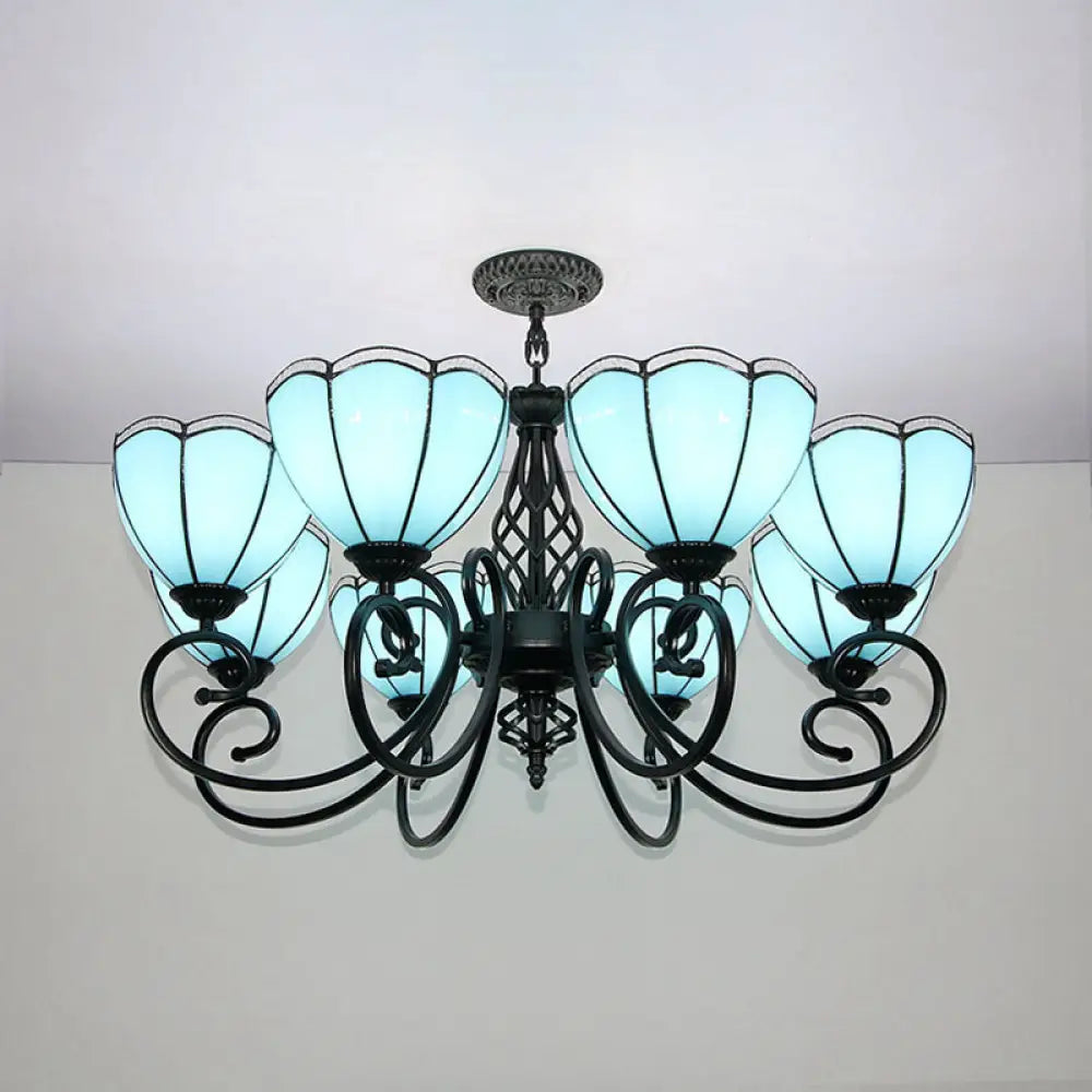 Loft Style Stained Glass Chandelier – Blue Scalloped Hanging Light With Curved Arm (8 Lights)