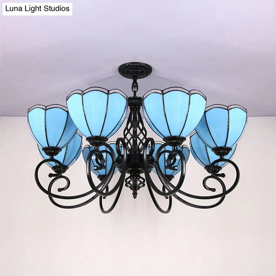 Loft Style Stained Glass Chandelier – Blue Scalloped Hanging Light With Curved Arm (8 Lights)