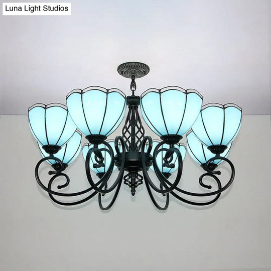 Loft Style Blue Stained Glass Chandelier: Scalloped Hanging Light With Curved Arm 8 Lights