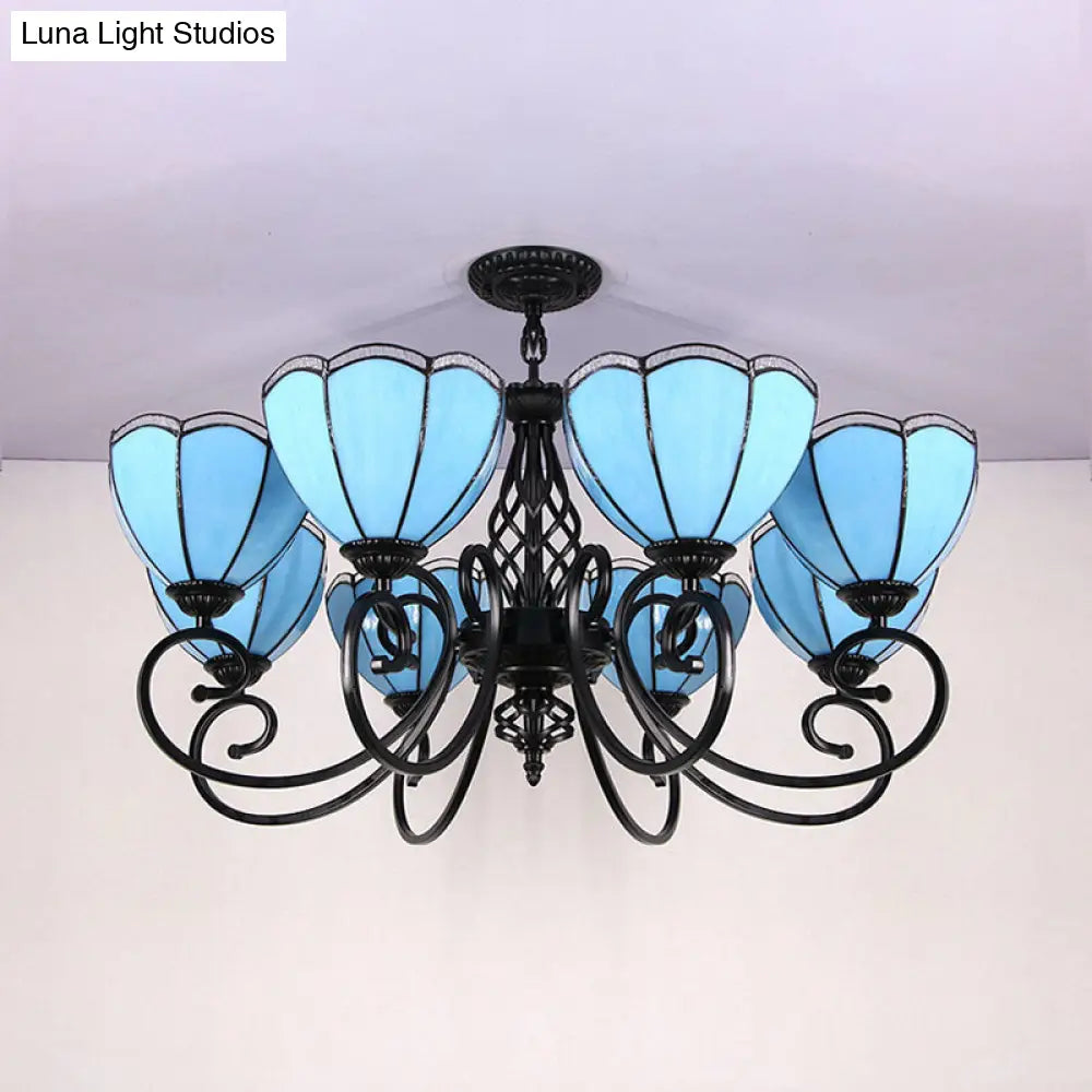 Loft Style Blue Stained Glass Chandelier: Scalloped Hanging Light With Curved Arm 8 Lights