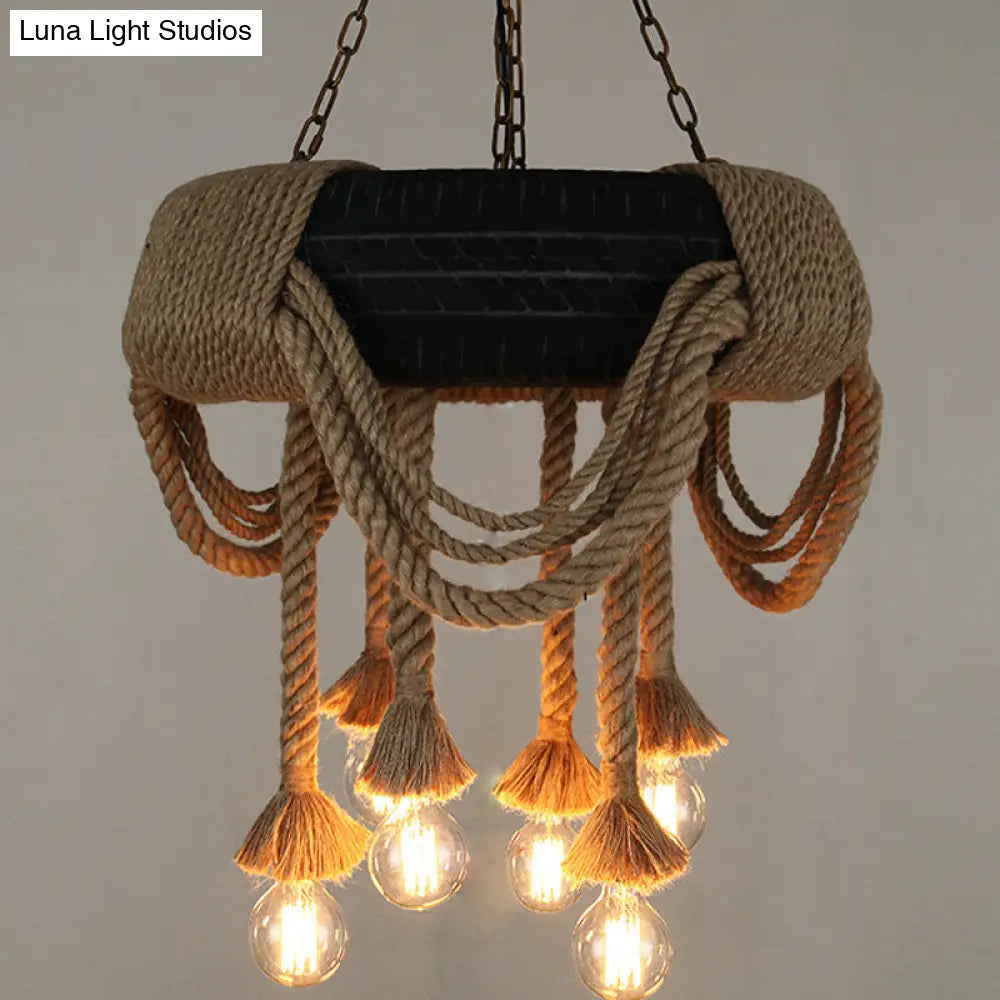 Loft Style Tyre Rope Chandelier With 6 Bare Bulb Pendant Lights