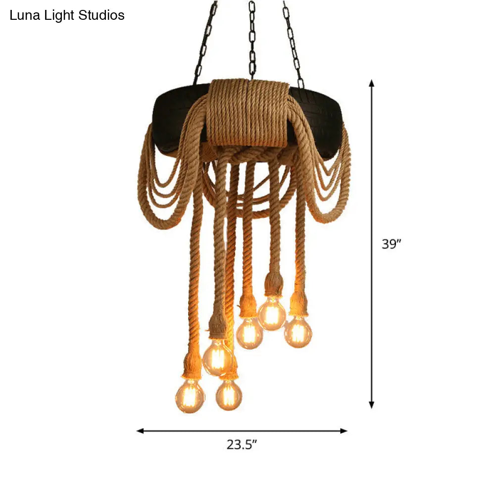 Loft Style Rope Chandelier With Tyre Decoration And 6 Bare Bulbs In Brown