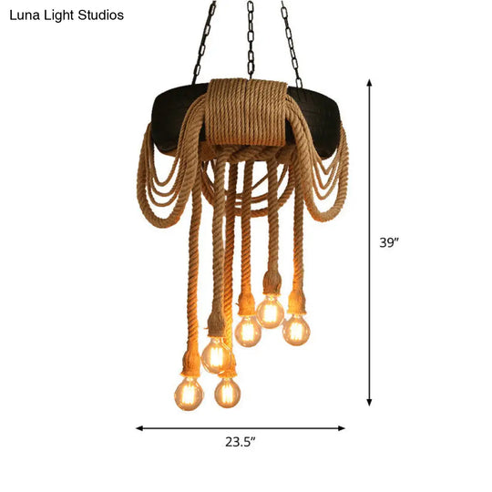 Loft Style Rope Chandelier With Tyre Decoration And 6 Bare Bulbs In Brown