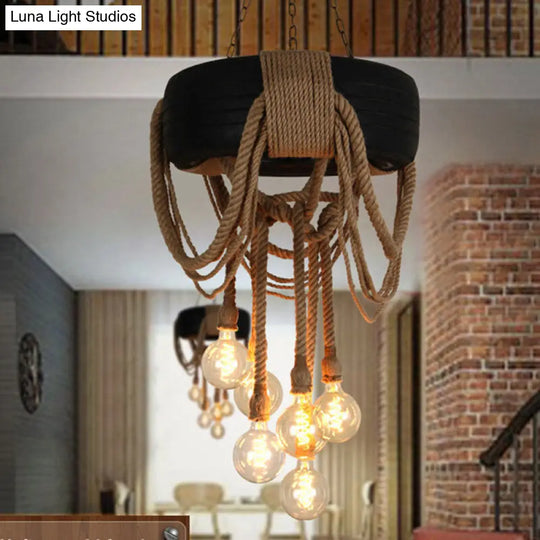 Loft Style Rope Chandelier With Tyre Decoration And 6 Bare Bulbs In Brown