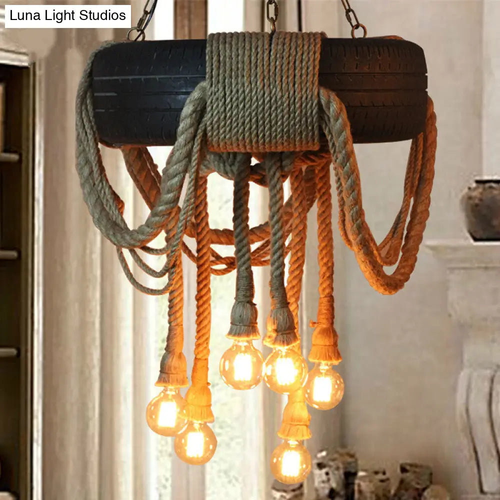 Loft Style Rope Chandelier With Tyre Decoration And 6 Bare Bulbs In Brown