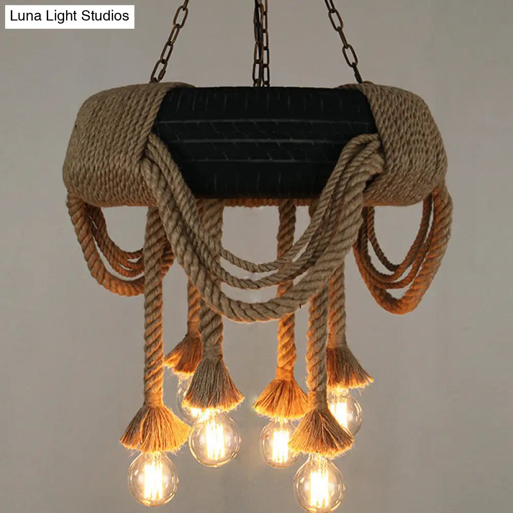 Loft Style Rope Chandelier With Tyre Decoration And 6 Bare Bulbs In Brown