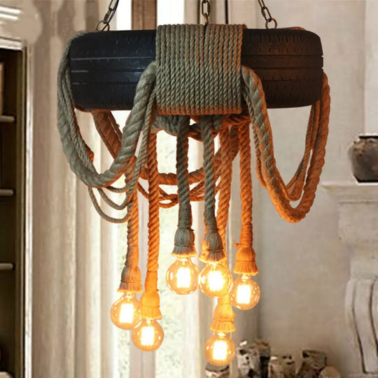 Loft Style Tyre Rope Chandelier With 6 Bare Bulb Pendant Lights Brown