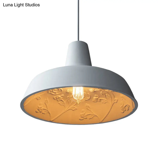 Loft Style White Iron Barn Shade Pendant Lamp: Inner Etched Rose Design
