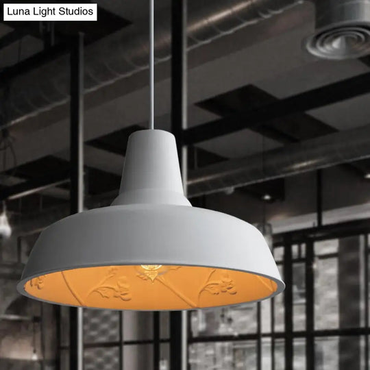 Loft Style White Iron Barn Shade Pendant Lamp: Inner Etched Rose Design