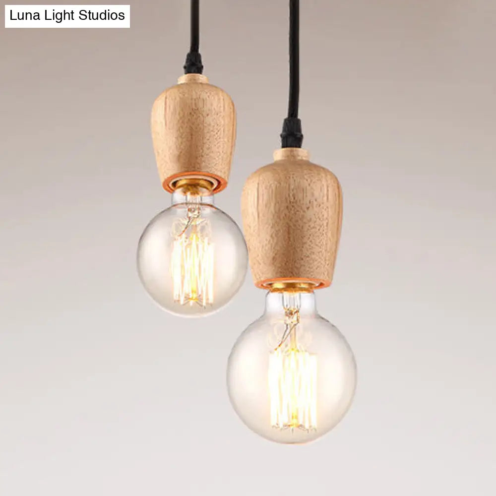 Loft Style Wooden Cap Pendant Light With Exposed Bulb And Adjustable Cord For Living Room - 1 Head