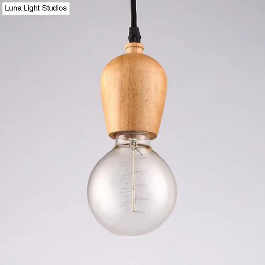 Loft Style Wooden Cap Pendant Light With Exposed Bulb And Adjustable Cord For Living Room - 1 Head