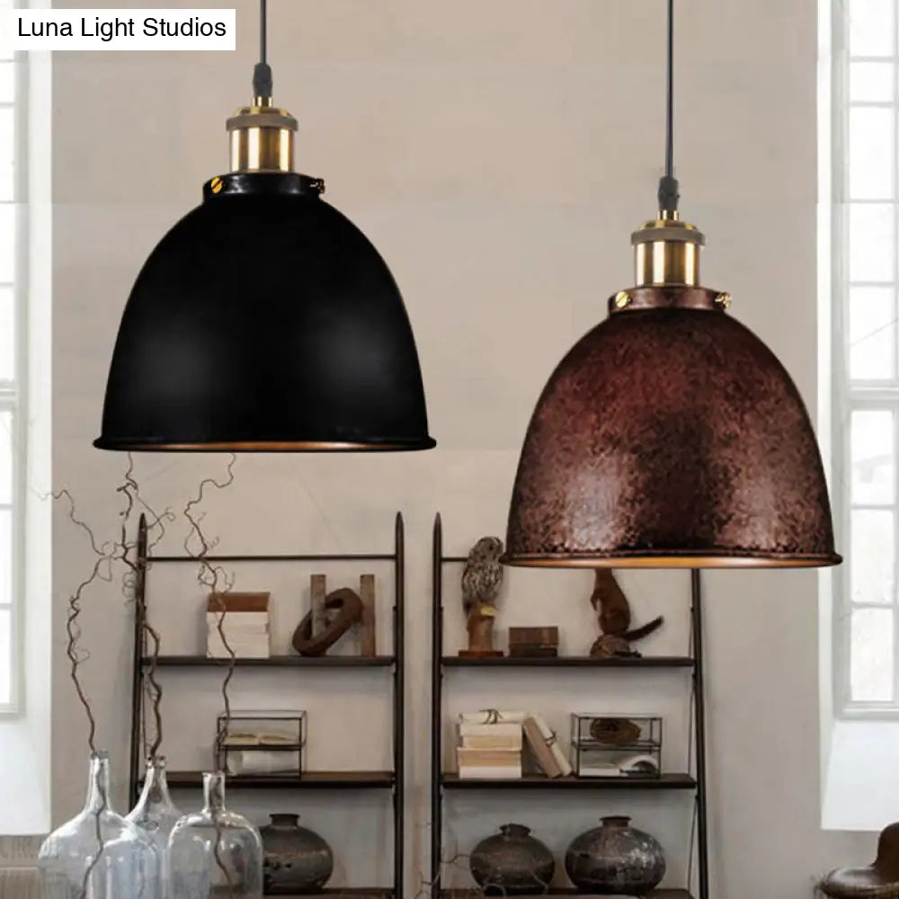 Lonie - Antique Style Dome Pendant Lamp 1 Light Wrought Iron Hanging Fixture With Cord In Black/Rust