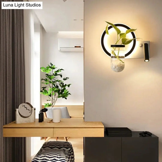 Loop Shaped Wall Sconce Metal Led Light With Spotlight And Plant Pot In Black-White - Decorative