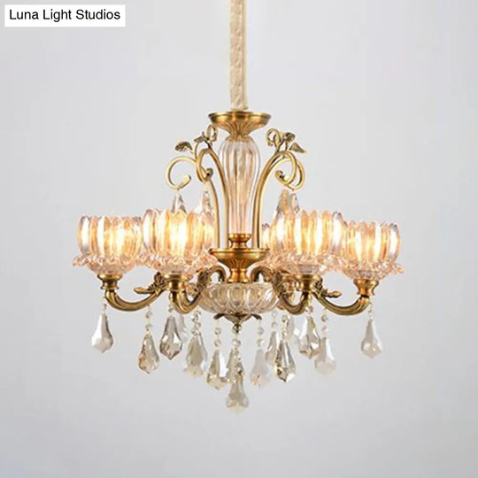 Lotus Carved Crystal Antique Gold Hanging Chandelier For Dining Room Ceiling