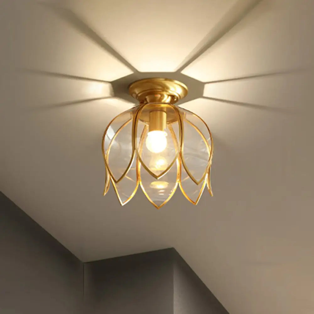 Lotus Ceiling Mount Brass Flush Light Fixture For Corridor - Clear Glass 1 Bulb