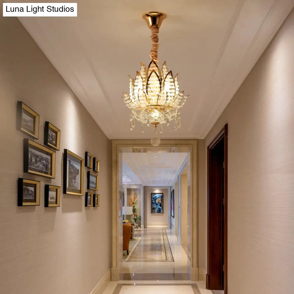 Lotus Corridor Pendant Light: Modern Crystal Ceiling Fixture In Gold