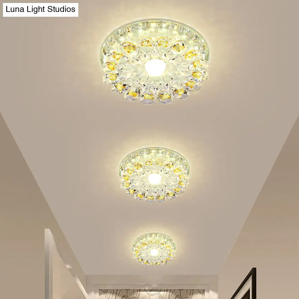 Lotus Crystal Led Flush Mount Lamp - Contemporary Close To Ceiling Light In Chrome / Warm Round