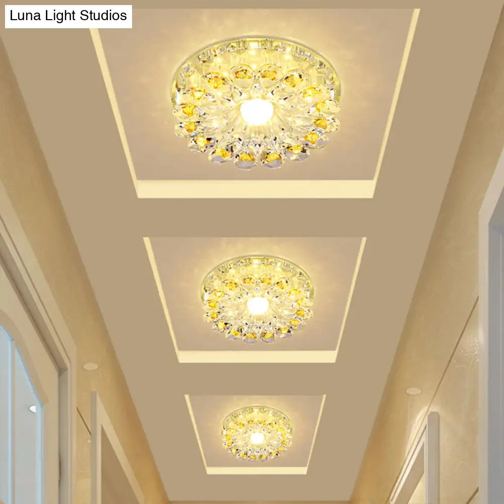 Lotus Crystal Led Flush Mount Lamp - Contemporary Close To Ceiling Light In Chrome