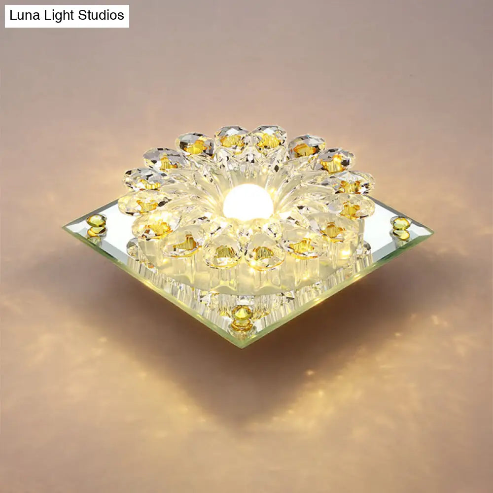 Lotus Crystal Led Flush Mount Lamp - Contemporary Close To Ceiling Light In Chrome