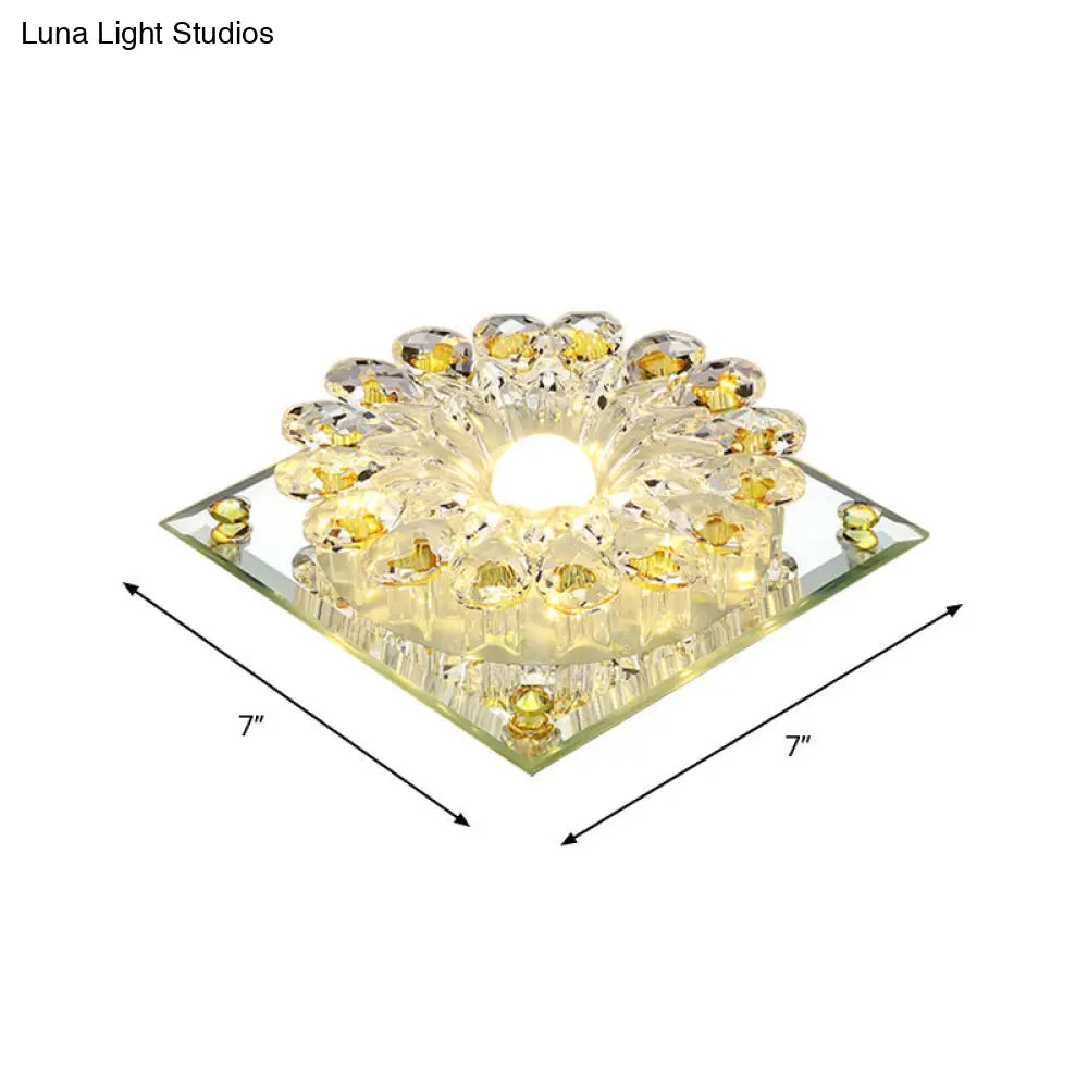 Lotus Crystal Led Flush Mount Lamp - Contemporary Close To Ceiling Light In Chrome