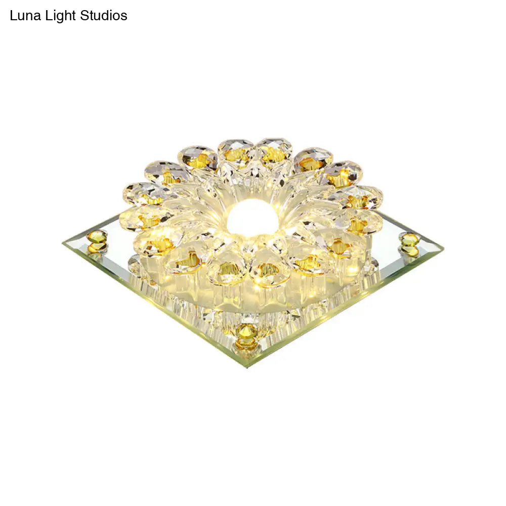 Lotus Crystal Led Flush Mount Lamp - Contemporary Close To Ceiling Light In Chrome