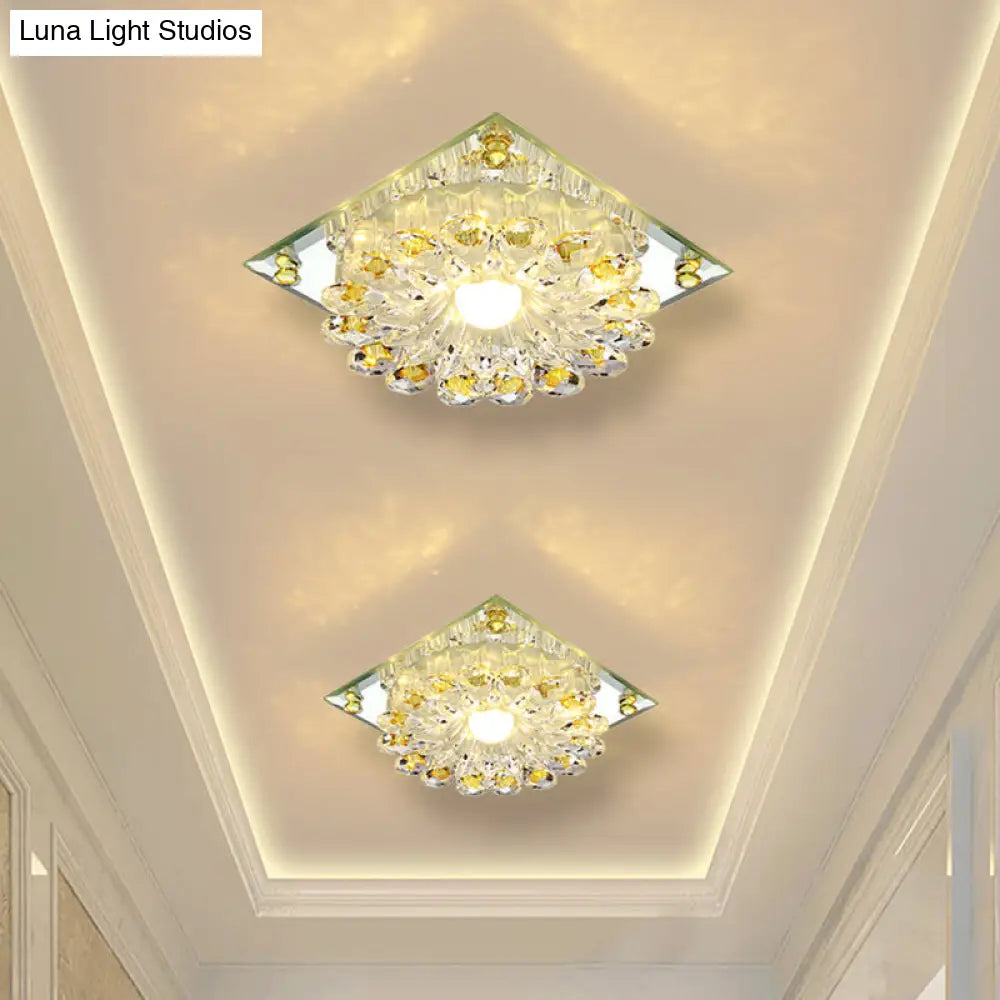 Lotus Crystal Led Flush Mount Lamp - Contemporary Close To Ceiling Light In Chrome / Warm Square