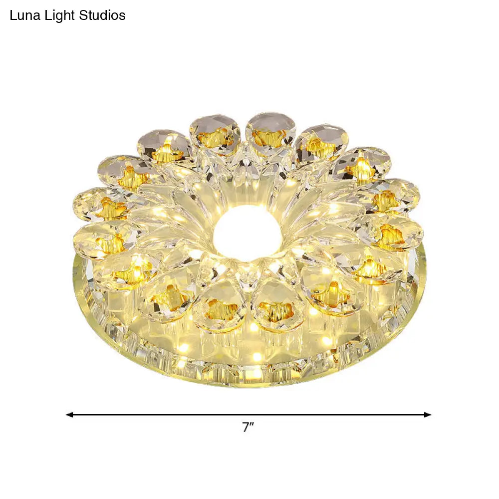 Lotus Crystal Led Flush Mount Lamp - Contemporary Close To Ceiling Light In Chrome