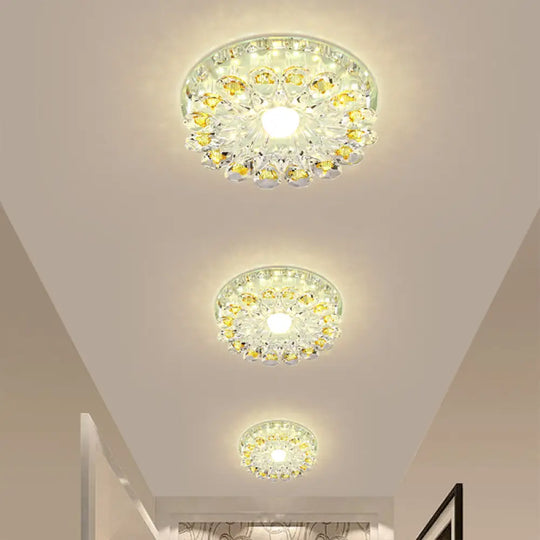 Lotus Crystal Led Flush Mount Lamp - Contemporary Close To Ceiling Light In Chrome / Warm Round