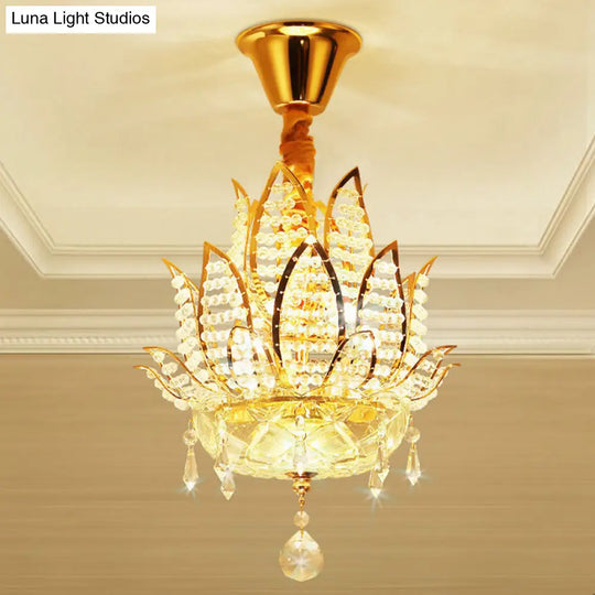 Lotus Faceted Crystal Ball Chandelier - Modern Gold Hanging Light 3 Lights For Hallway