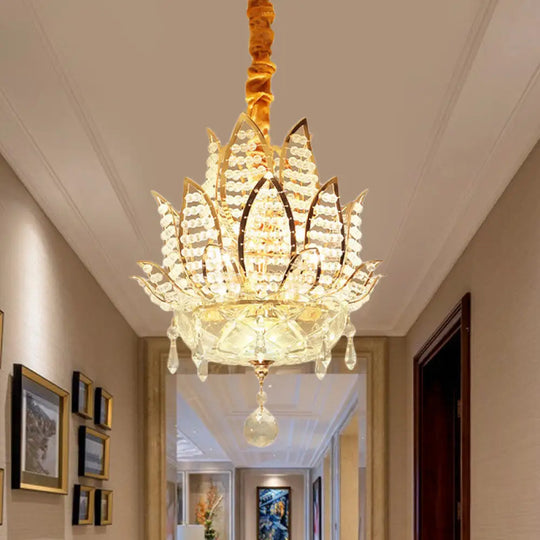 Lotus Faceted Crystal Ball Chandelier - Modern Gold Hanging Light 3 Lights For Hallway