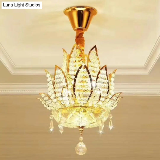 Lotus Flush Mount Lamp - 3-Light Crystal Ceiling Light In Gold