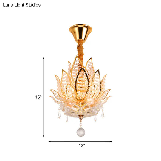 Lotus Flush Mount Lamp - 3-Light Crystal Ceiling Light In Gold