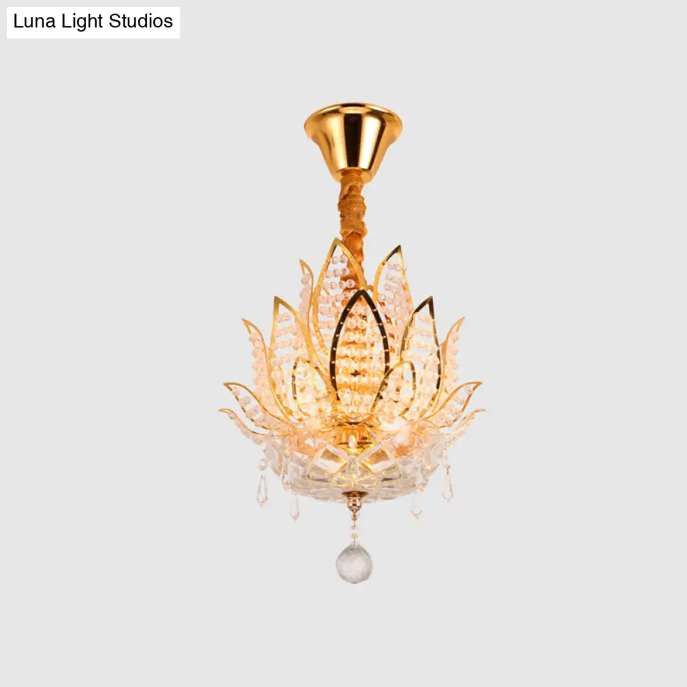 Lotus Flush Mount Lamp - 3 - Light Crystal Ceiling Light In Gold
