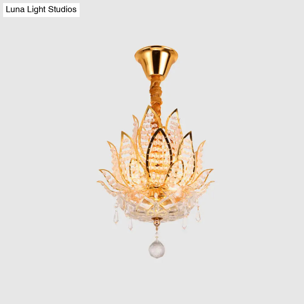 Lotus Flush Mount Lamp - 3-Light Crystal Ceiling Light In Gold