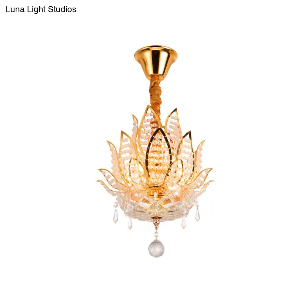 Lotus Flush Mount Lamp - 3-Light Crystal Ceiling Light In Gold