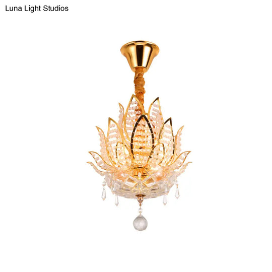 Lotus Flush Mount Lamp - 3-Light Crystal Ceiling Light In Gold