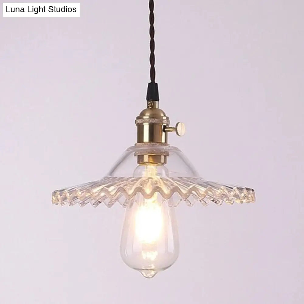 Retro Industrial Style Lotus Glass Scalloped Pendant Lamp - 1-Light Hanging For Restaurants Clear