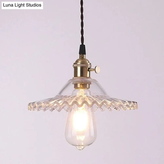 Retro Industrial Style Lotus Glass Scalloped Pendant Lamp - 1-Light Hanging For Restaurants Clear