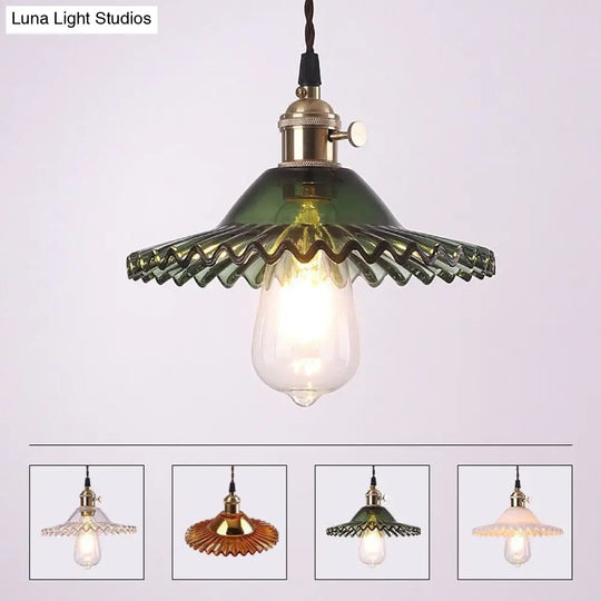 Retro Industrial Style Lotus Glass Scalloped Pendant Lamp - 1-Light Hanging For Restaurants