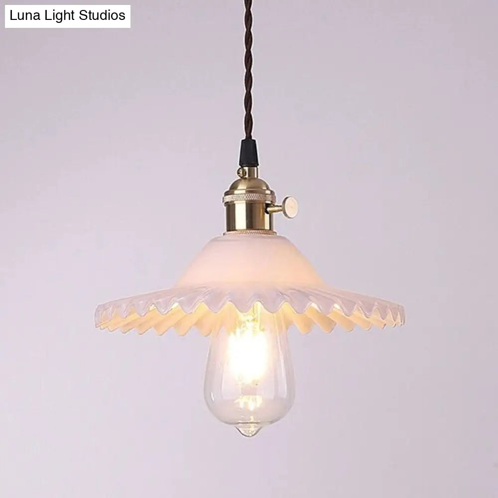 Retro Industrial Style Lotus Glass Scalloped Pendant Lamp - 1-Light Hanging For Restaurants White