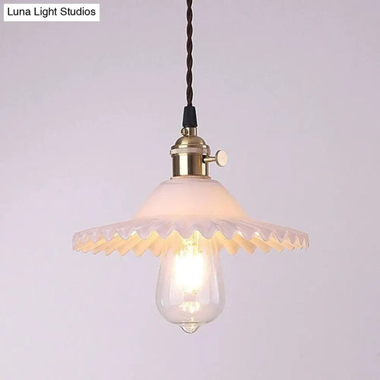 Retro Industrial Style Lotus Glass Scalloped Pendant Lamp - 1-Light Hanging For Restaurants White