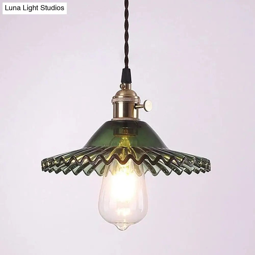 Retro Industrial Style Lotus Glass Scalloped Pendant Lamp - 1-Light Hanging For Restaurants Green