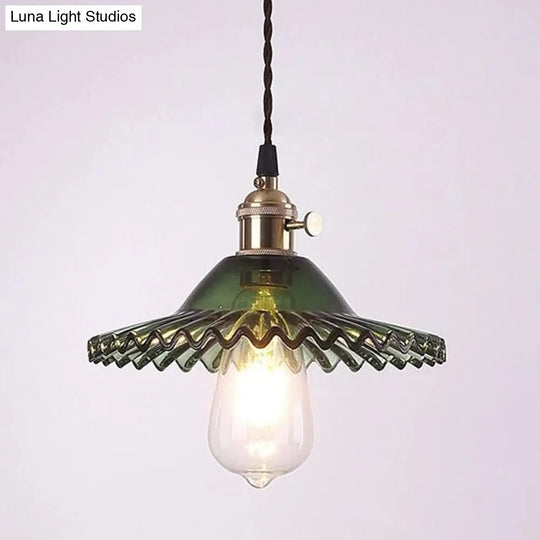 Retro Industrial Style Lotus Glass Scalloped Pendant Lamp - 1-Light Hanging For Restaurants Green