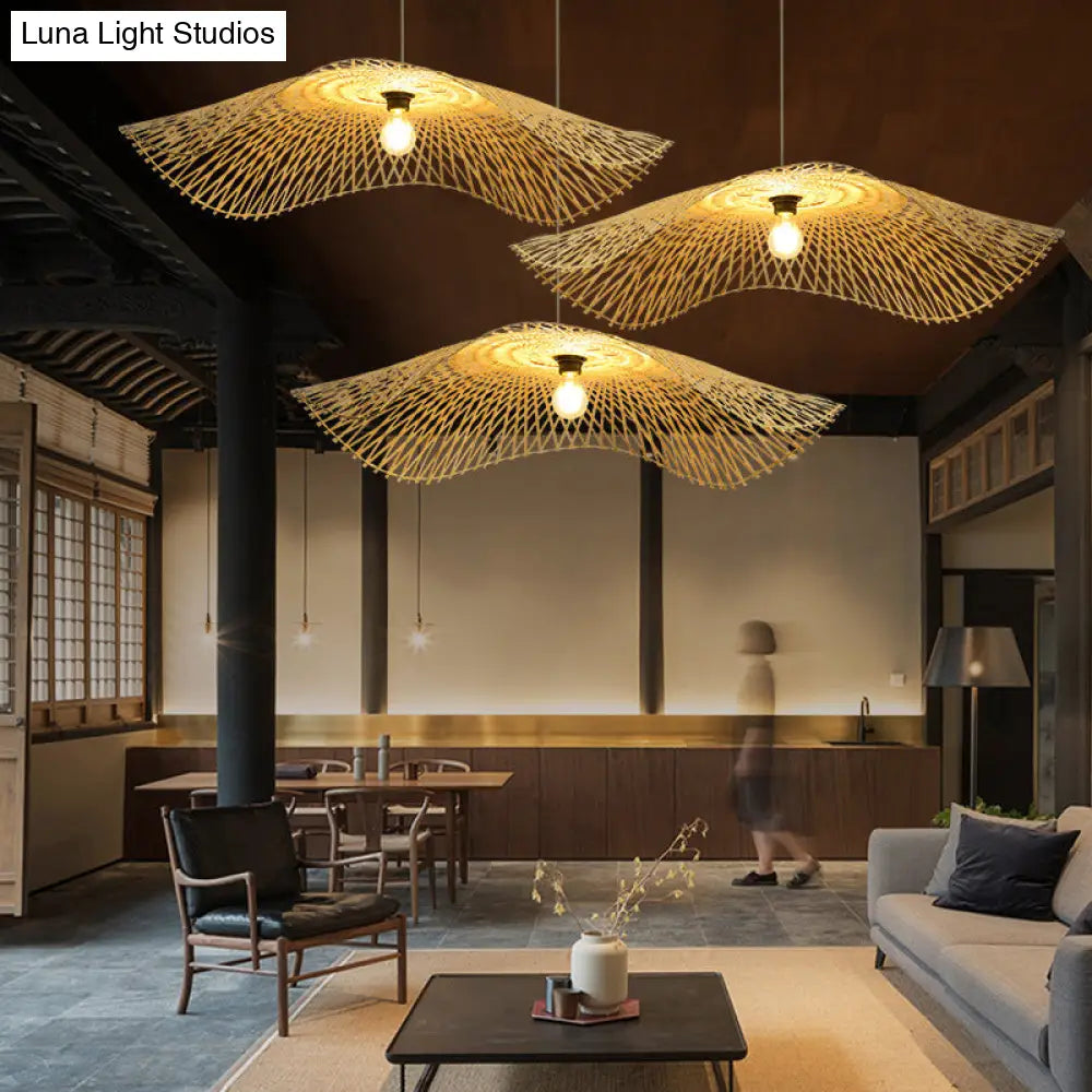 Lotus Leaf Ceiling Light - Asian Style Bamboo Hanging Fixture For Restaurants Wood Bulb Pendant